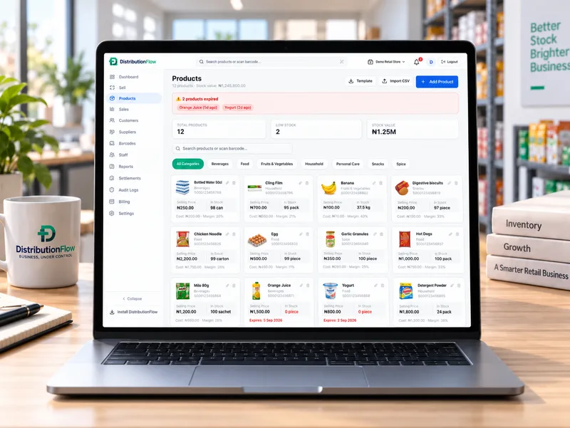 The Products page showing stock quantities, stock value and expiry alerts