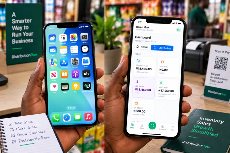 DistributionFlow installed on a phone home screen, next to the mobile dashboard