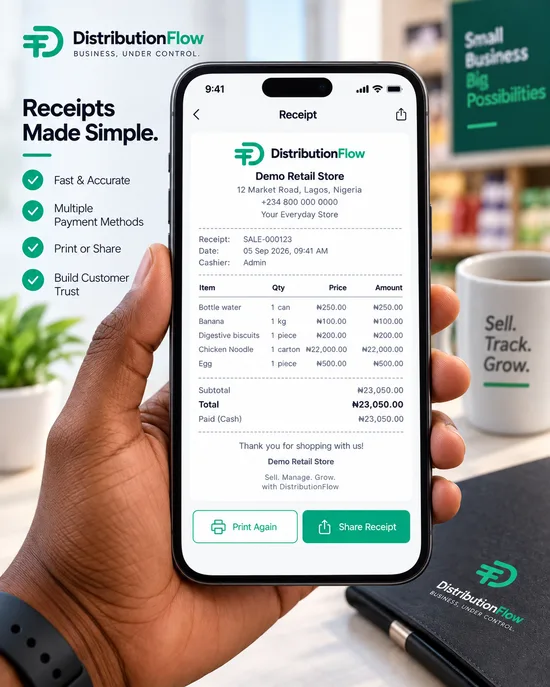 A DistributionFlow receipt shown on a phone after a completed sale