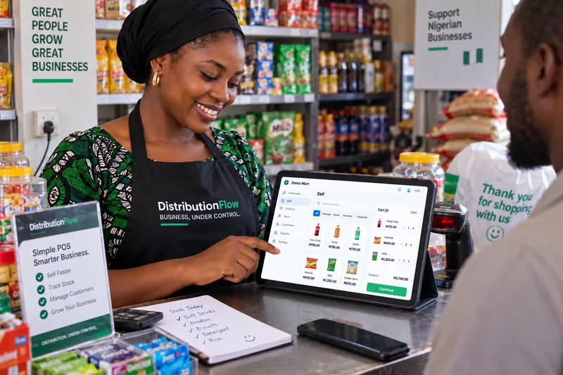 A shop cashier using DistributionFlow on a tablet at checkout