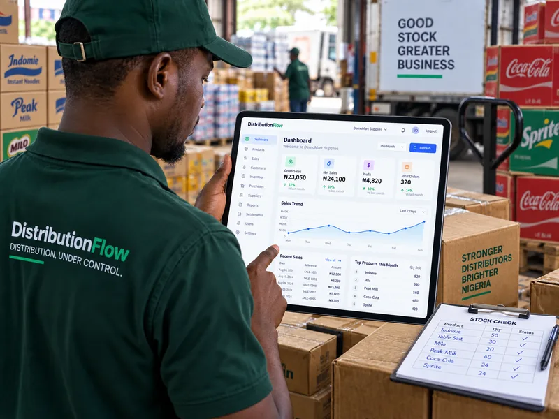 A warehouse worker checking the DistributionFlow dashboard on a tablet
